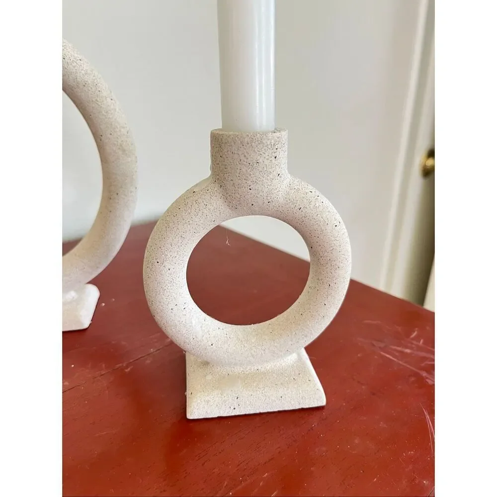 Crate & Barrel Lorin Cement Taper Candle Holder Set Modern Sculptural Decor 3pc